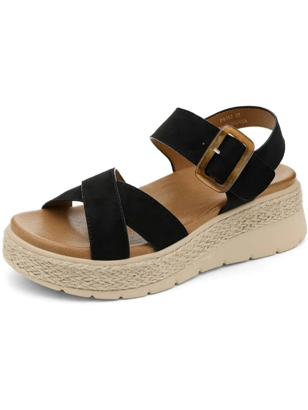 Womens Black Comfortable Solid Espadrille Low Wedge Heel Platform Sandal Shoes